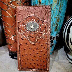 Star Wallet Western Mens Bifold Wallet Brown Faux Leather Ostrich Floral Design